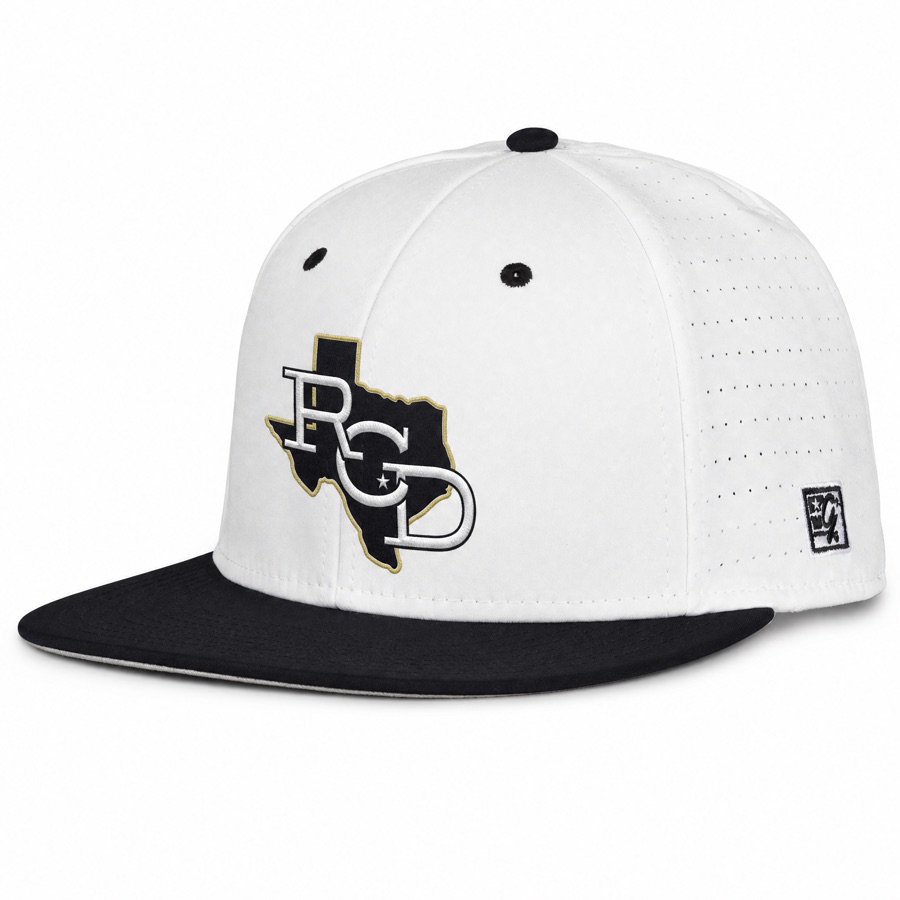 RCD Fitted Team Cap — white crown, black brim, RGD Texas logo