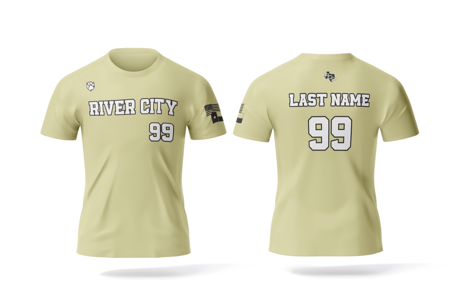 RCD Alternate / Practice Shirt — vegas gold, RIVER CITY across the chest, name & number on the back