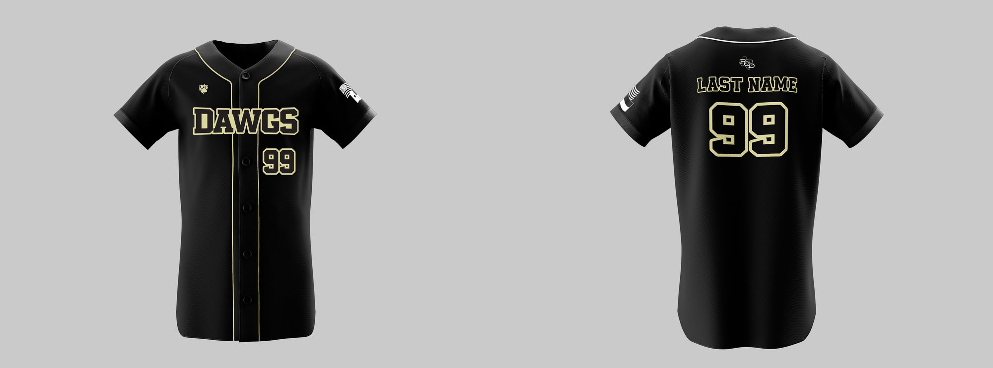 RCD Black Primary Button-Down Jersey — DAWGS across the chest, last name and number on the back